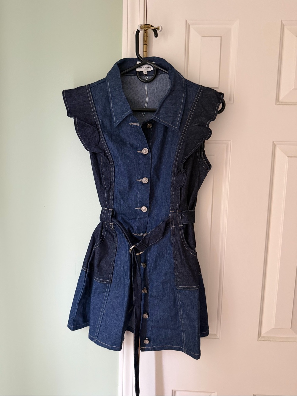 Denim Mini Shirt Dress with Belt - Dark Blue
